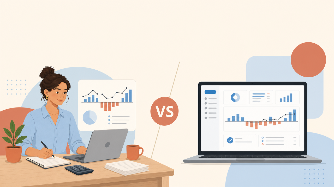 Illustration comparing a bookkeeper working with a client to accounting software showing a cash flow dashboard, representing the choice between hiring a bookkeeper or using software alone