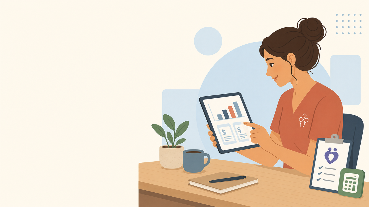 Illustration of an occupational therapist reviewing NDIS invoices and Xero accounting data on a tablet, representing bookkeeping for OT practices in Footscray