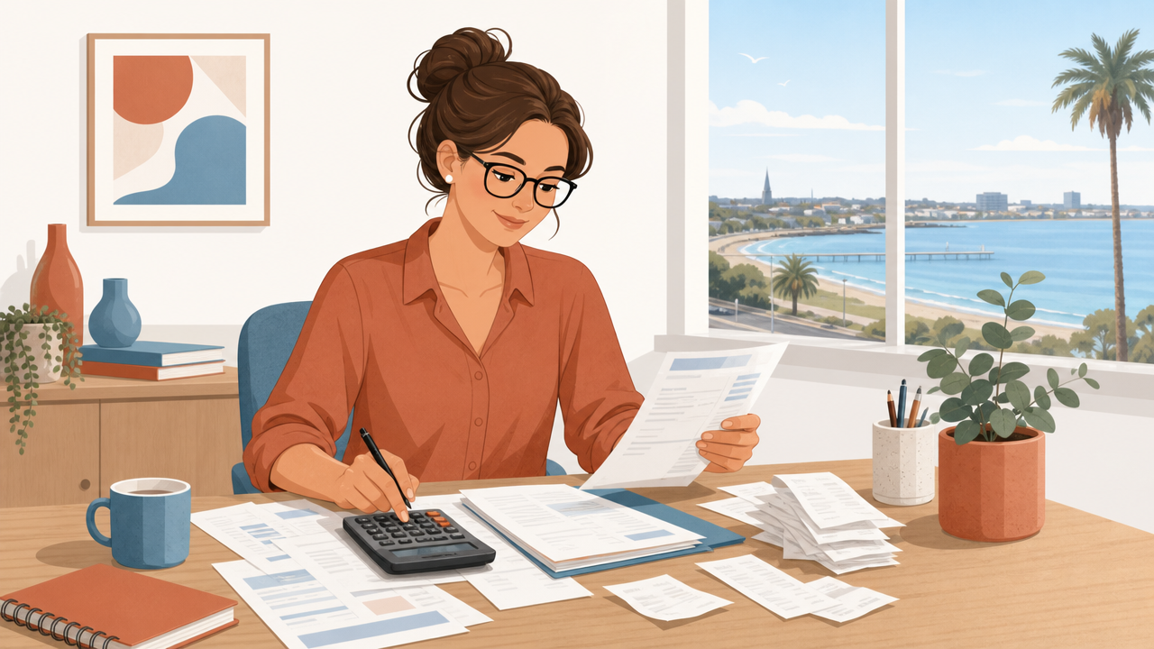 A bookkeeper reviewing bank statements and receipts to catch up overdue BAS lodgements for a Geelong small business