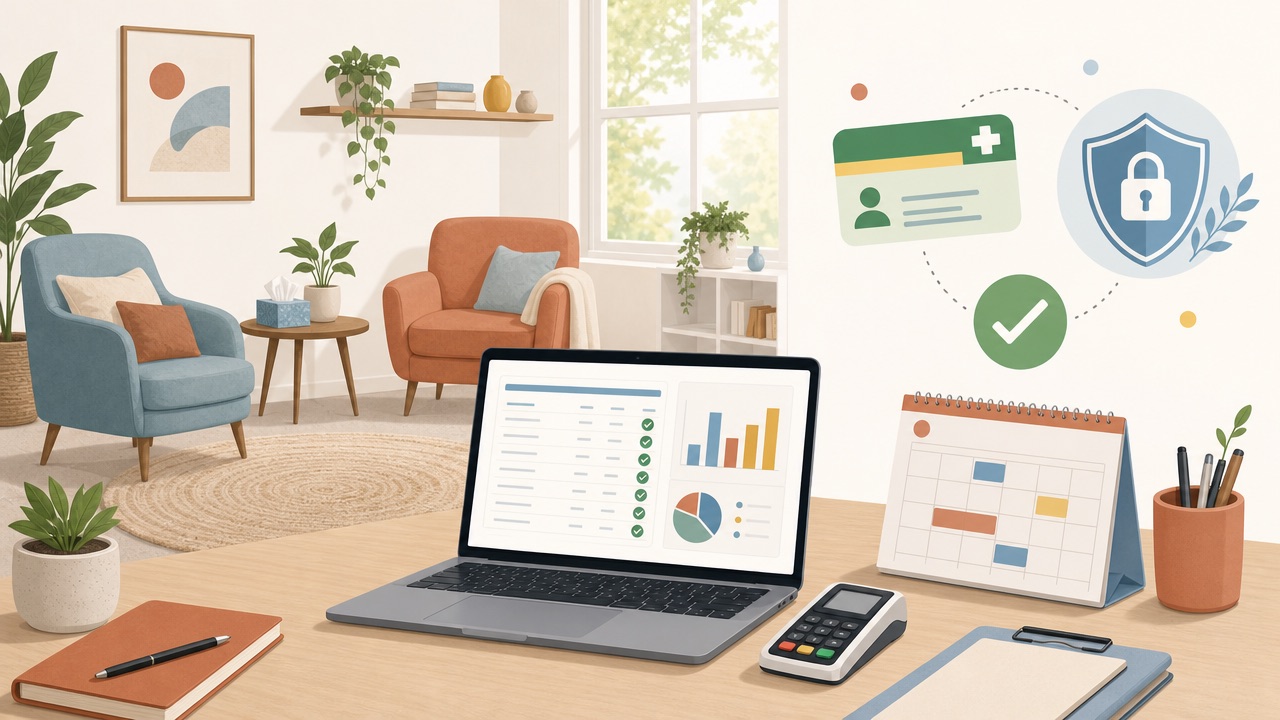 Illustration of a calm psychology practice with two armchairs in a sunlit therapy room and a desk with a laptop showing a reconciled ledger, a payment terminal, an appointment calendar and privacy shield icons