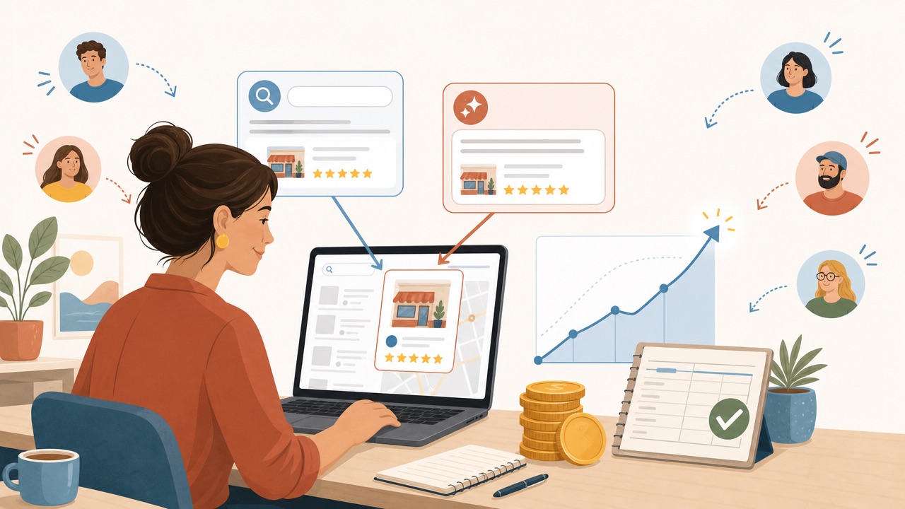 Illustration of a small business owner at a laptop where a search result and an AI assistant answer both recommend their business, with a rising chart of new enquiries, coins and a ticked ledger showing the marketing cost paid back