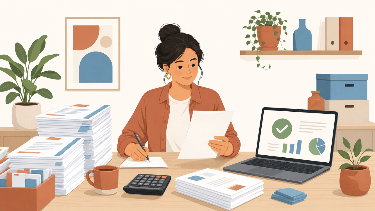 Illustration of a small business owner surrounded by organised invoices and a laptop showing a completed bookkeeping report