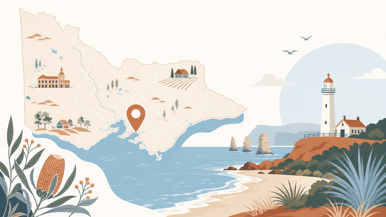 Stylised map of coastal Victoria with a location pin, representing the search for a local bookkeeper near me