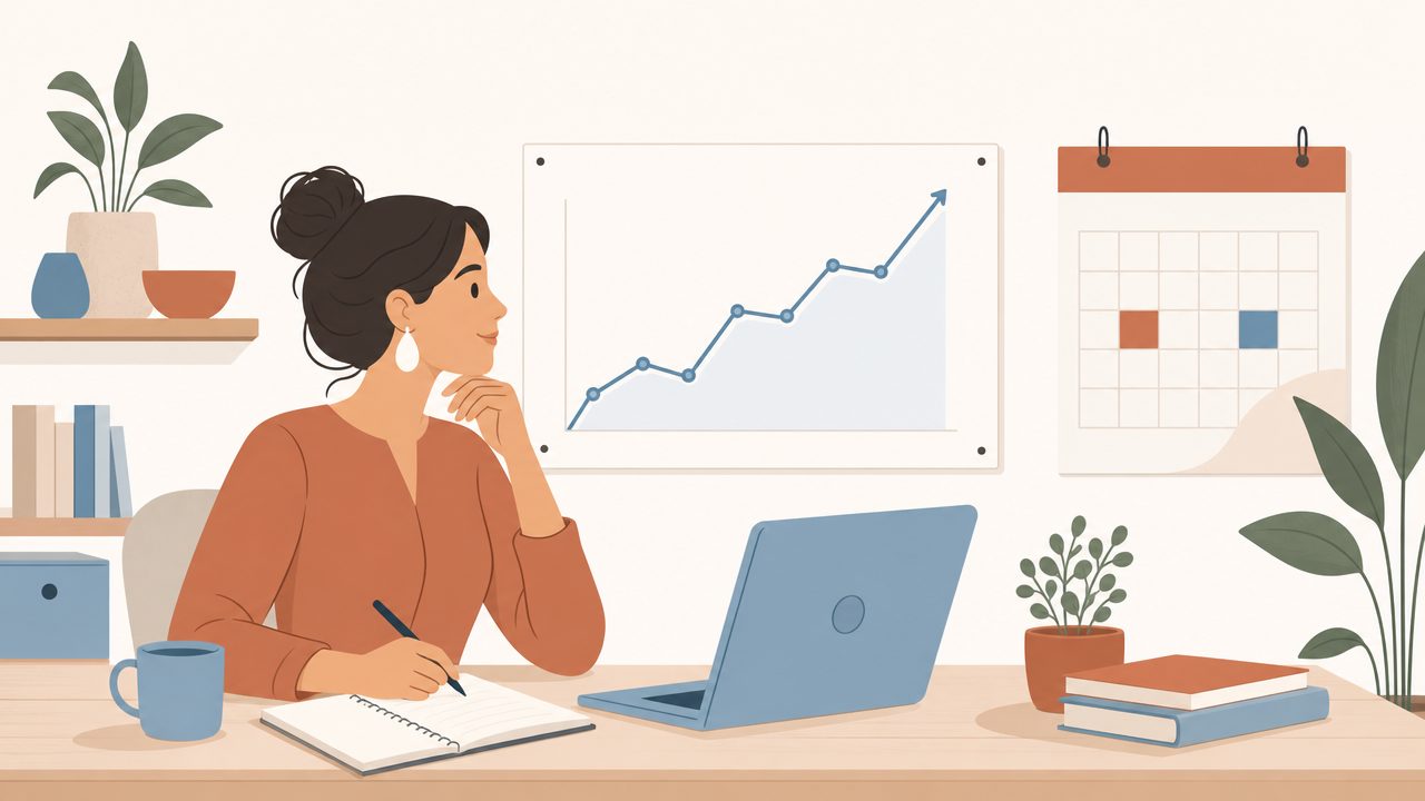 Business owner reviewing an upward cash flow forecast and planning ahead