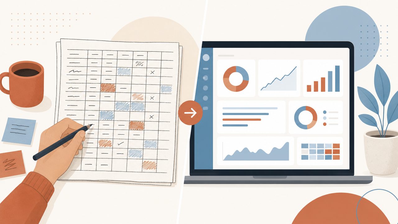 Illustration comparing a spreadsheet and a software dashboard, representing cash flow management tools for small service businesses