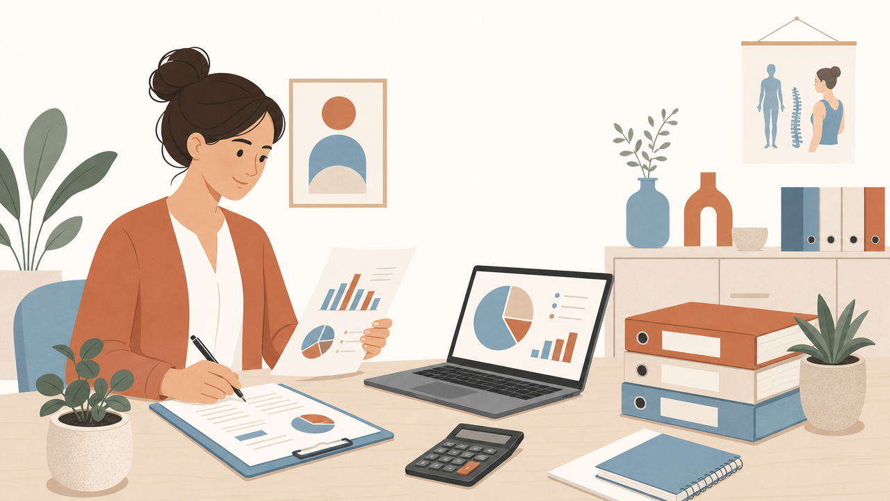 Allied health practice manager reviewing financial reports and charts