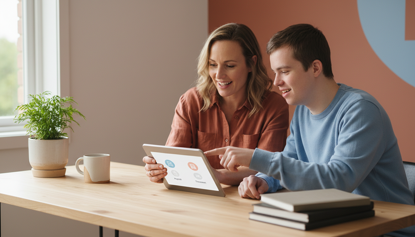 A disability support worker reviewing SCHADS Award payroll and timesheets on a tablet at a home office desk