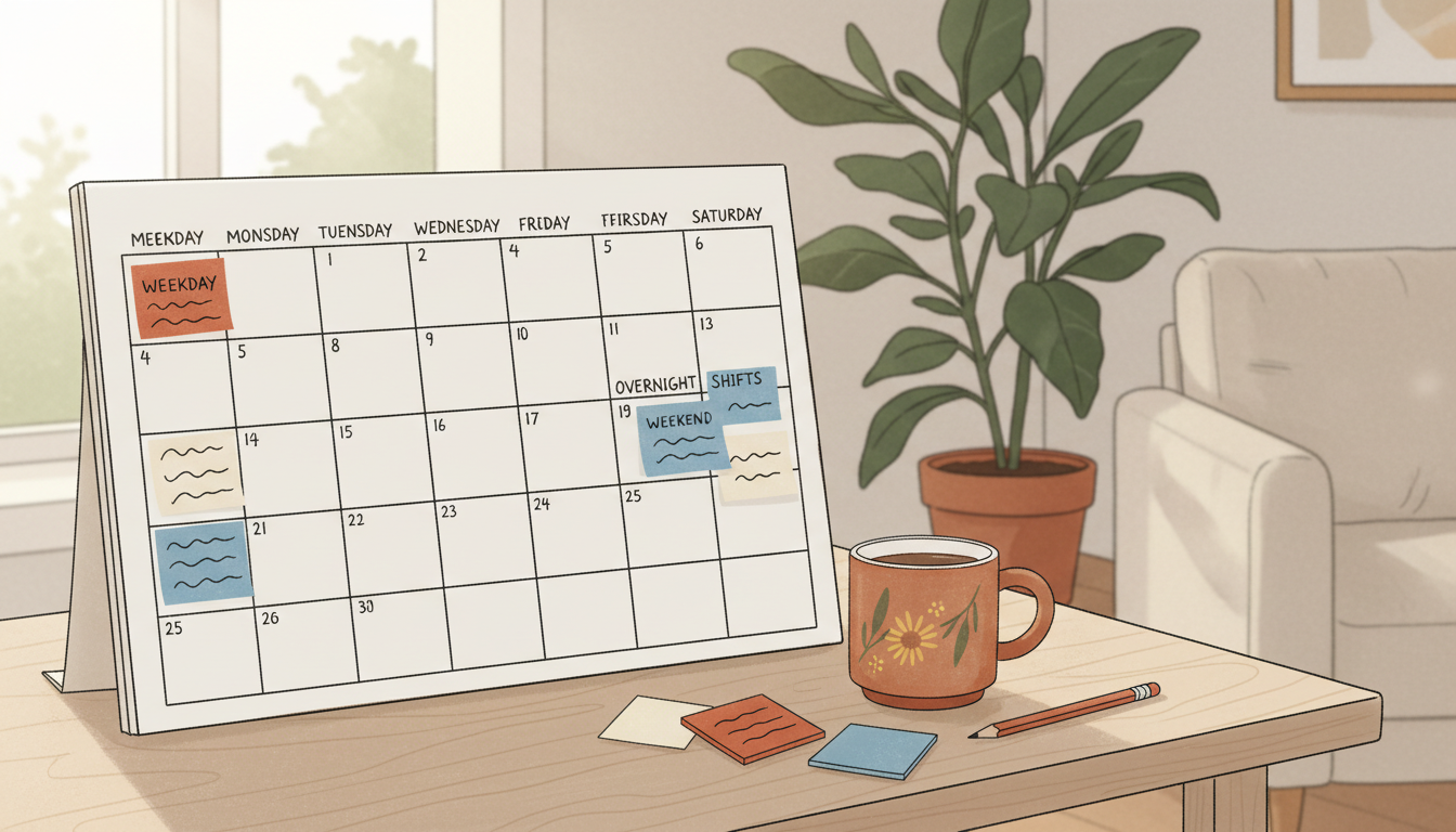 A weekly shift roster calendar showing different coloured blocks for weekday, weekend and overnight SCHADS Award shifts